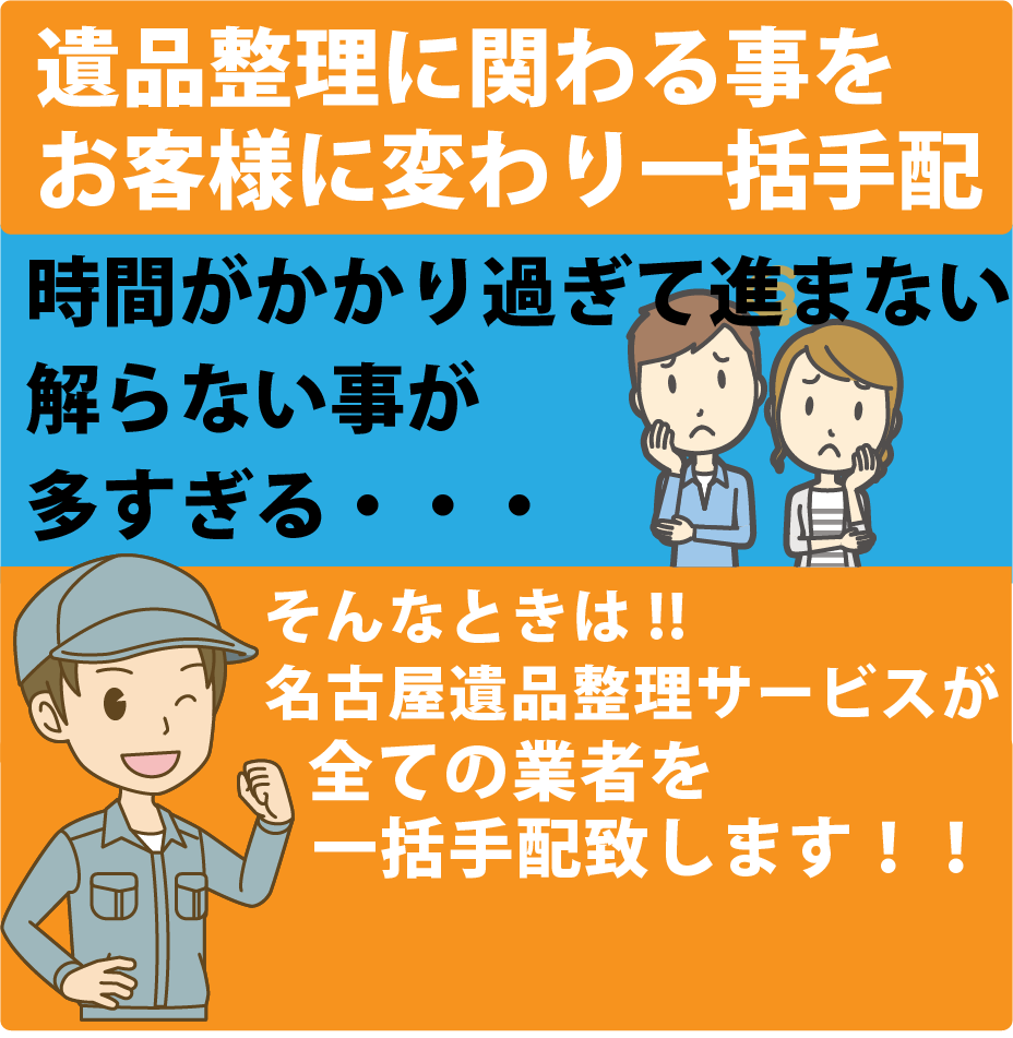 一般廃棄物収集運搬許可会社と提携遺品整理 優良事業所ご依頼者様に寄り添い納得いく遺品整理の提供をお約束します悩んだらまずはご連絡下さい一番親切な遺品整理会社を目指し年中無休！即日対応！ご相談・お見積り無料！株式会社名古屋遺品整理サービス